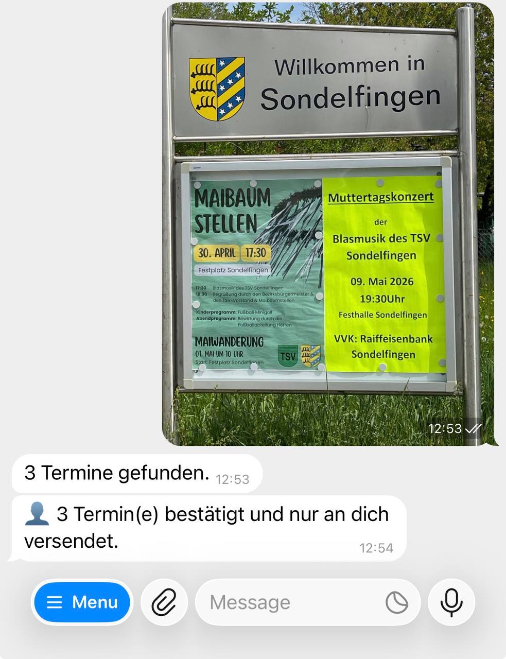 Schaukasten abfotografiert — 3 Termine erkannt