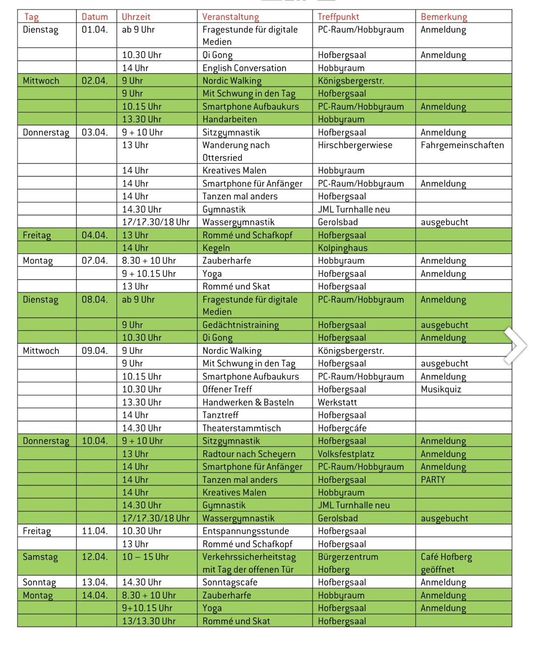 Veranstaltungsplan mit 36 Terminen